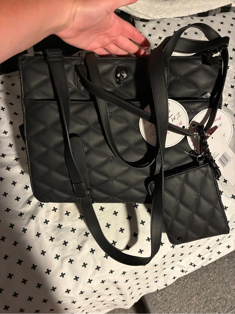Betsey Johnson Halloween Black Quilted Skull hearts Purse Bag with wallet pouch
